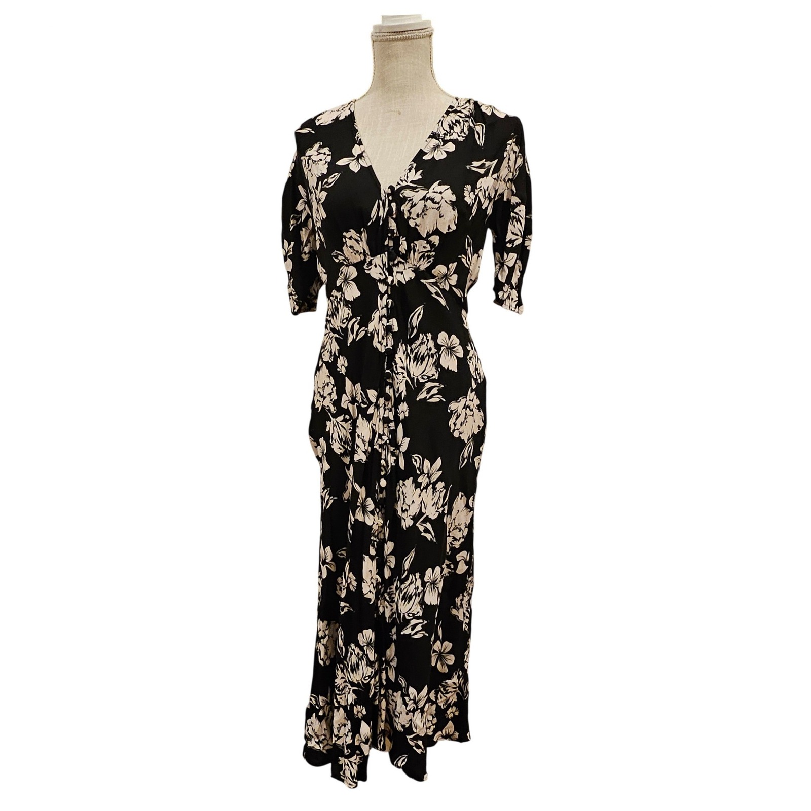 Ghost London Black Cream Floral V-Neck Button Front Viscose Midi Dress Xs — image 2 of 6